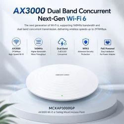 MERCURY MCXAP 3000GP Gigabit AX3000 Wi-Fi 6 ceiling AP showing high-speed 3000Mbps capacity and 360-degree coverage.