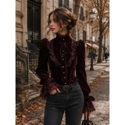 Women&rsquo;s Victorian velvet ruffle high neck blouse front view