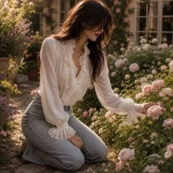 Front view of ivory women's blouse with lace ruffles on collar and cuffs paired with light blue jeans.