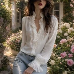 Front view of ivory women's blouse with lace ruffles on collar and cuffs paired with light blue jeans.