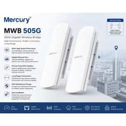 MERCURY MWB 505G Gigabit 5km wireless bridge showing dual 1000M ports and high-speed 867Mbps capacity.