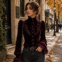 Women&rsquo;s Victorian velvet ruffle high neck blouse front view