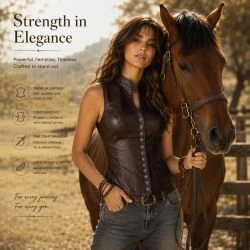 Women&rsquo;s vintage leather look button front vest top front view