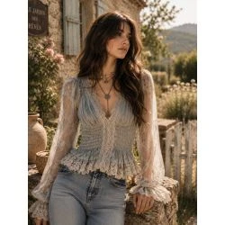 Women&rsquo;s sheer lace peplum boho blouse front view