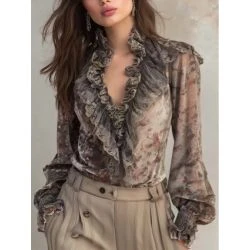 Women&rsquo;s Vintage Floral Sheer Ruffle Neck Victorian Blouse
