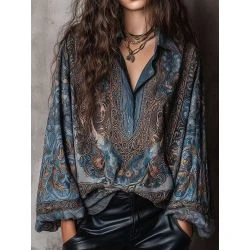 Women&rsquo;s ornate paisley print oversized bohemian tunic blouse front and back view