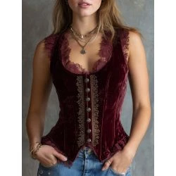Women’s vintage velvet lace trim corset style sleeveless top front and back view