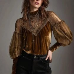 Women&rsquo;s Velvet Lace Yoke High Neck Sheer Sleeve Boutique Blouse