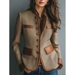 Women’s beige tweed jacket with faux leather trim and mandarin collar