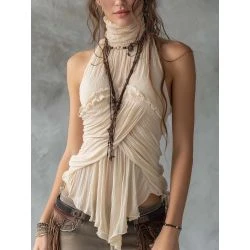 Women wearing beige pleated high neck draped sleeveless vintage halter top