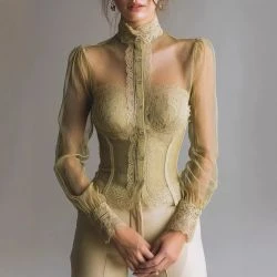 Women wearing olive sheer lace corset style Victorian blouse with organza sleeves and high neck design