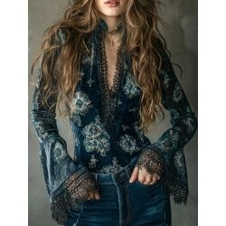 Women wearing midnight floral velvet vintage bell sleeve blouse with lace trim neckline