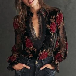 Women&rsquo;s Black Rose Velvet Lace Trim Vintage Evening Blouse