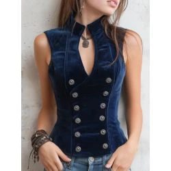 Women’s Midnight Blue Velvet Military Style Corset Vest Top