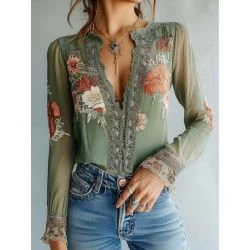Women&rsquo;s Sage Green Floral Lace Vintage Boho Blouse