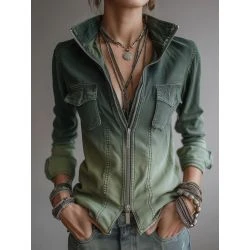 Women's Olive Green Zip Front Utility Boutique Blouse