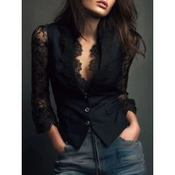 Women's Black Lace Sleeve Satin Boutique Vest Top