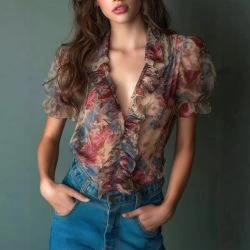 Women's Floral Ruffle Chiffon Boutique Blouse