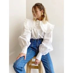 Women Vintage White Ruffle Collar Puff Sleeve Top