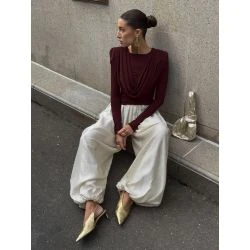 Women Maroon Draped Cowl Neck Evening Top