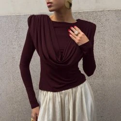 Women Maroon Draped Cowl Neck Evening Top