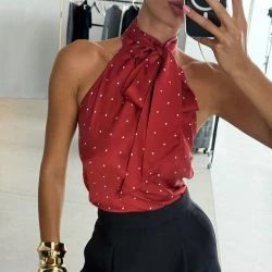 Women Crimson Polka Dot Satin Tie-Neck Blouse