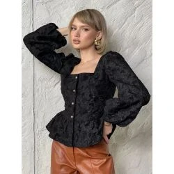 Women Noir Jacquard Peplum Evening Top