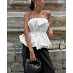 Women White Strapless Bubble Hem Top