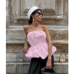 Women Rose Pink Strapless Bubble Hem Top