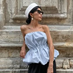 Women Aqua Blue Strapless Bubble Hem Top