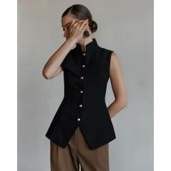 Women Black Mandarin Collar Waistcoat Blouse
