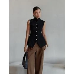 Women Black Mandarin Collar Waistcoat Blouse