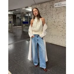 Women Ivory Satin Halter Gathered Neck Blouse