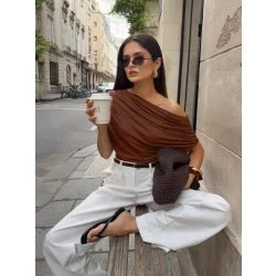 Women Brown Asymmetrical Draped One Shoulder Top