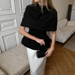 Women Black Cowl Neck Cape Shoulder Blouse