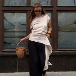 Women Beige Asymmetric One Shoulder Draped Linen Top