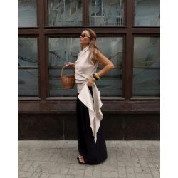 Women Beige Asymmetric One Shoulder Draped Linen Top