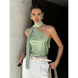 Women Mint Green Satin Halter Neck Choker Blouse