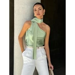 Women Mint Green Satin Halter Neck Choker Blouse
