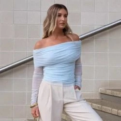 Women Aqua Blue Off Shoulder Ruched Mesh Long Sleeve Top