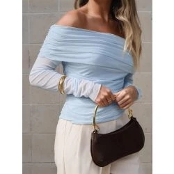 Women Aqua Blue Off Shoulder Ruched Mesh Long Sleeve Top