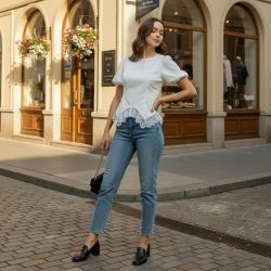 Women White Cotton Puff Sleeve Lace Hem Blouse