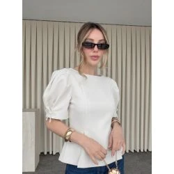 Women Ivory Satin Puff Sleeve Pearl Trim Peplum Blouse