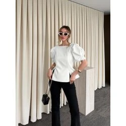 Women Ivory Satin Puff Sleeve Pearl Trim Peplum Blouse