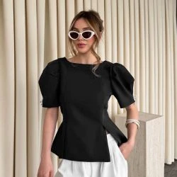 Women Black Satin Puff Sleeve Pearl Trim Peplum Blouse