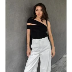 Women Black Cut Out One Shoulder Draped Knit Top
