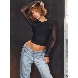 Women Black Mesh Ruched Cross Front Long Sleeve Top