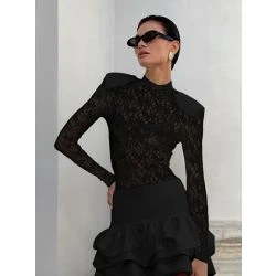 Women Black Floral Lace High Neck Long Sleeve Blouse