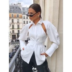 Women White Cotton Cold Shoulder Cut Out Belted Shirt