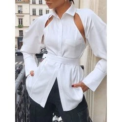 Women White Cotton Cold Shoulder Cut Out Belted Shirt